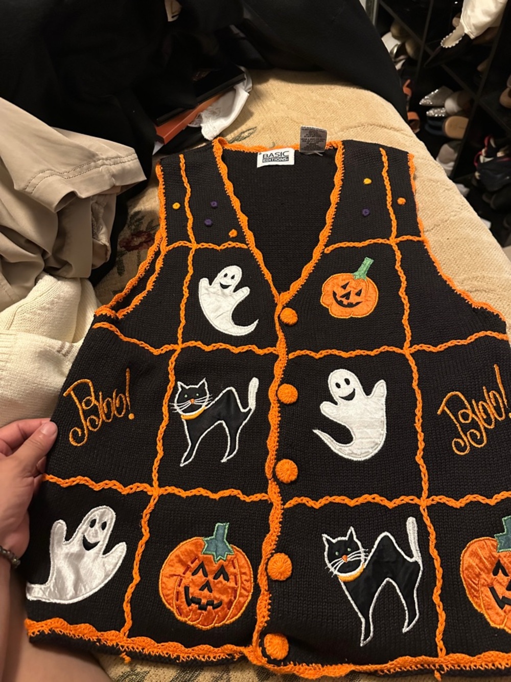 Basic Editions Black & Orange Halloween Patchwork Vest